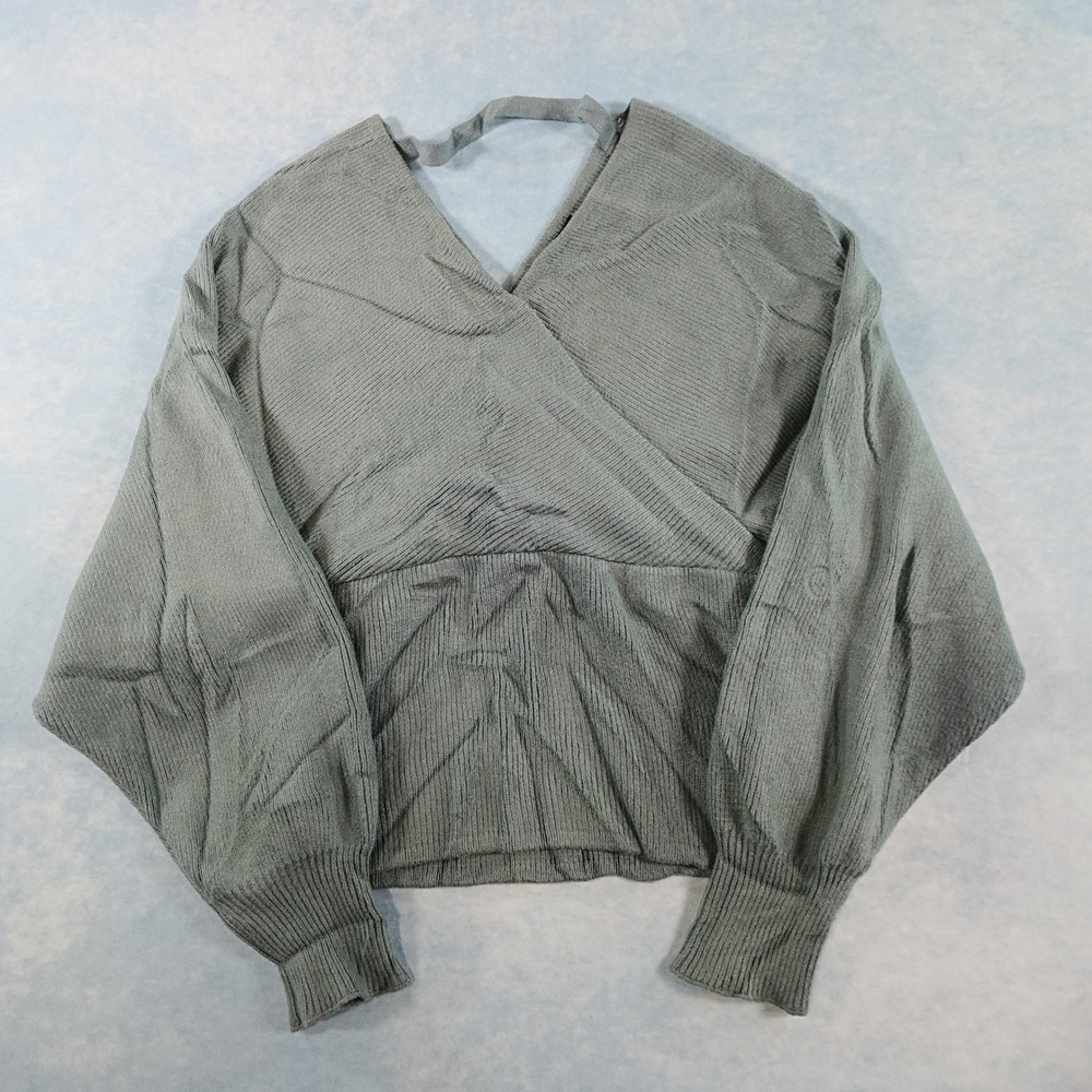 Love Tree Womens Large Sage Green Ribbed Wrap V-Neck Tie Back Sweater